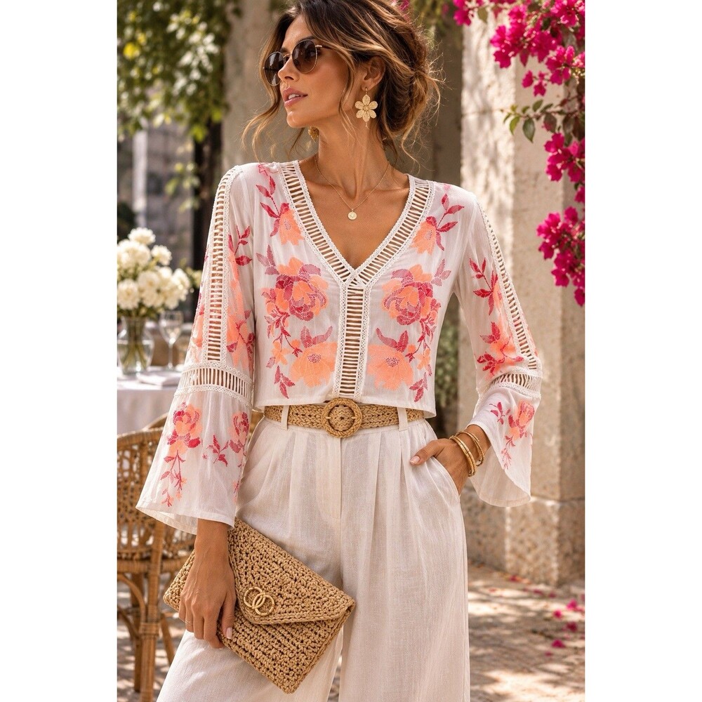H&M Divided Floral Embroidered Blouse Women’s 12 Ivory Bell Sleeve Boho Resort